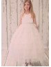 A-line Tulle Ankle Length Ruffle Flower Girl Dress With Beaded Sash
